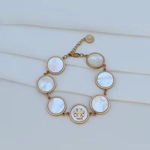 Tory Burch Gold and Mother-of-Pearl Round Link Bracelet with Logo Charm